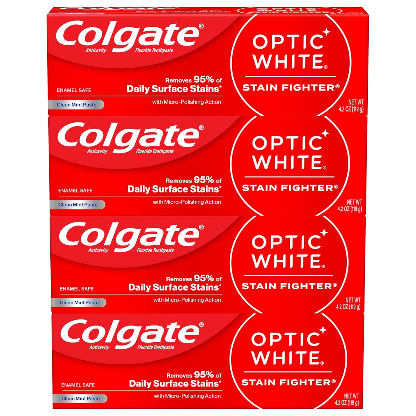 Colgate Optic White Stain Fighter Teeth Whitening Toothpaste, Anticavity Fluoride Toothpaste for Whitening Teeth, Helps Remove Daily Surface Stains, Clean Mint Paste, 4 Pack, 4.2 oz