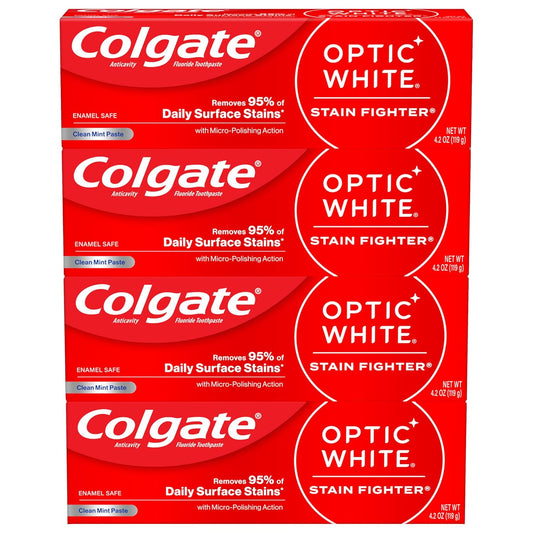 Colgate Optic White Stain Fighter Teeth Whitening Toothpaste, Anticavity Fluoride Toothpaste for Whitening Teeth, Helps Remove Daily Surface Stains, Clean Mint Paste, 4 Pack, 4.2 oz