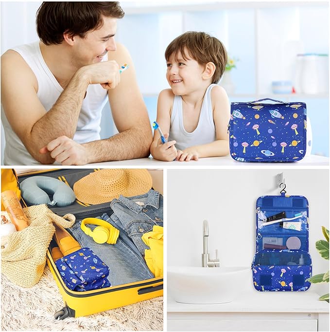 Kids Hanging Toiletry Bag for Boys, Travel Toiletry Bag for Little Young Boys Waterproof Wash Bag Toddler Traveling Toiletries, Space Blue