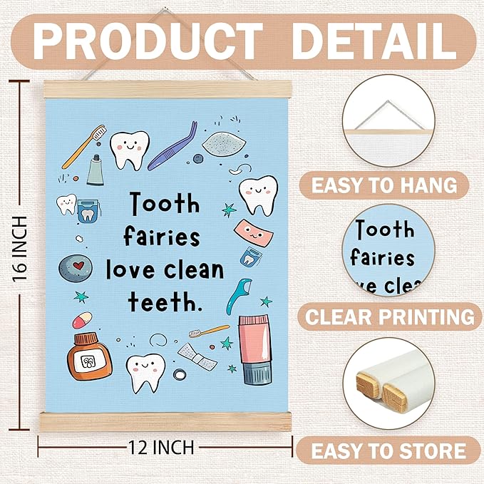FDHSPAAM Funny Dental Wall Art Decor, Dental Office Decor, Dentist Gifts, Tooth Fairies Love Clean Teeth Cute Oral Hygiene Wall Art Posters for Hospital Doctor Office, 12x16 Inch