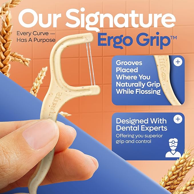 SmartLifeco Eco-Friendly Dual-Thread Dental Floss Picks (100ct) - Flossers Made with Straw Wheat Blend, Superior Anti-Shred for Tight Gaps, Tooth Pick Stick for Adults, Soft on Gum & Teeth, Unflavored