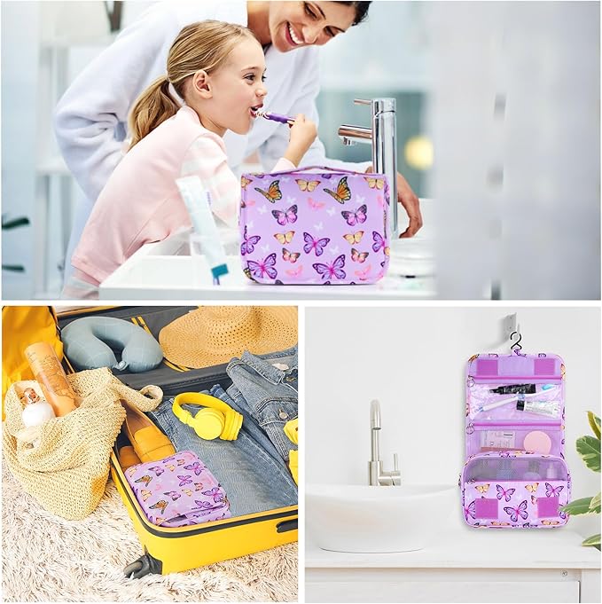 Kids Hanging Toiletry Bag for Girls, Travel Toiletry Bag for Little Young Girls Cosmetic Makeup Waterproof Wash Bag Toddler Traveling Toiletries, Butterfly Purple