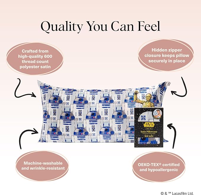 Kitsch x Star Wars R2-D2 & C-3PO Satin Pillowcase | Satin Pillowcase with Zipper, Better Than Silk Pillowcase | Frizz-Reducing Pillow Case for Hair & Skin Care, Cooling & Breathable - King