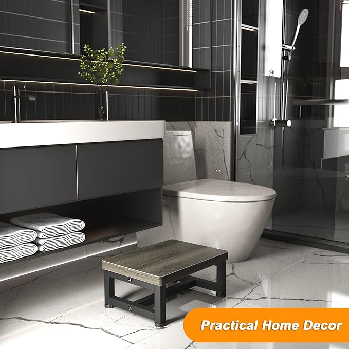 Step Stools for Adults Kids with Non-Slip Rubber Feet, Heavy Duty Wooden Stepping Stools with 500-LBS Capacity for Bedroom Kitchen Bathroom, Sturdy Bed Steps for High Beds, Easy to Assemble, Gray