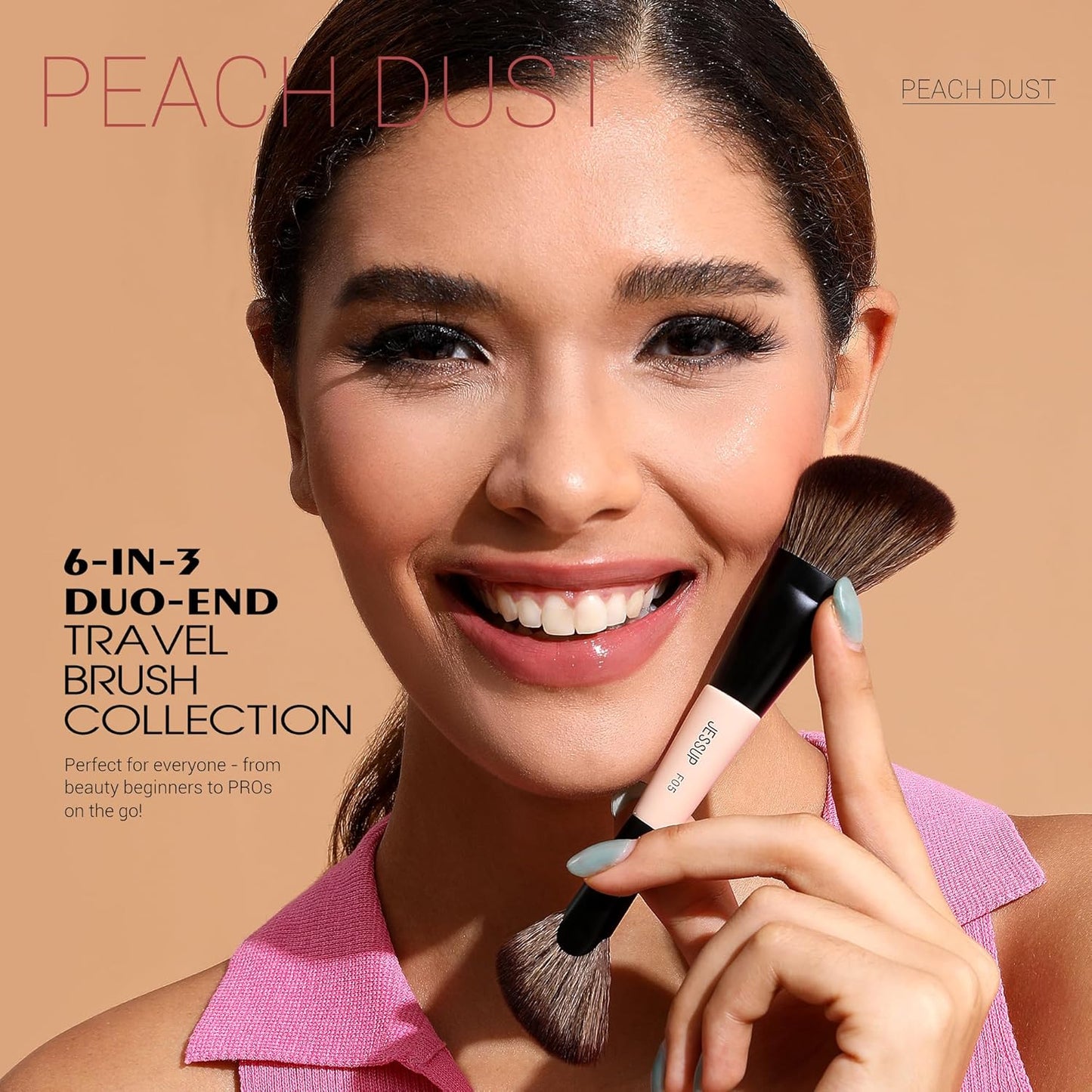 Jessup Travel Makeup Brushes Set 3pcs, Double Sided Contour Brush Dual Ended Eye Shadow Shader Eyeliner Brush, Multi-functional Makeup Set Peach Dust T507