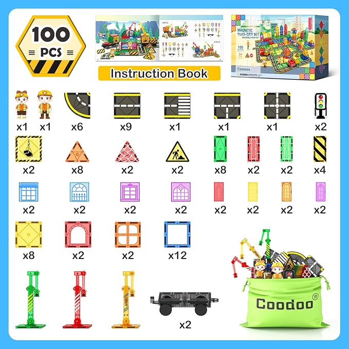 Coodoo 100 PCS Magnetic Tiles Road Set with 3 Cranes & 2 Cars - Magnetic Blocks City Construction Building Toys for 3+ Year Old Boys Girls Ideal Preschool Learning Outdoor Creative Toddler Kids Toys