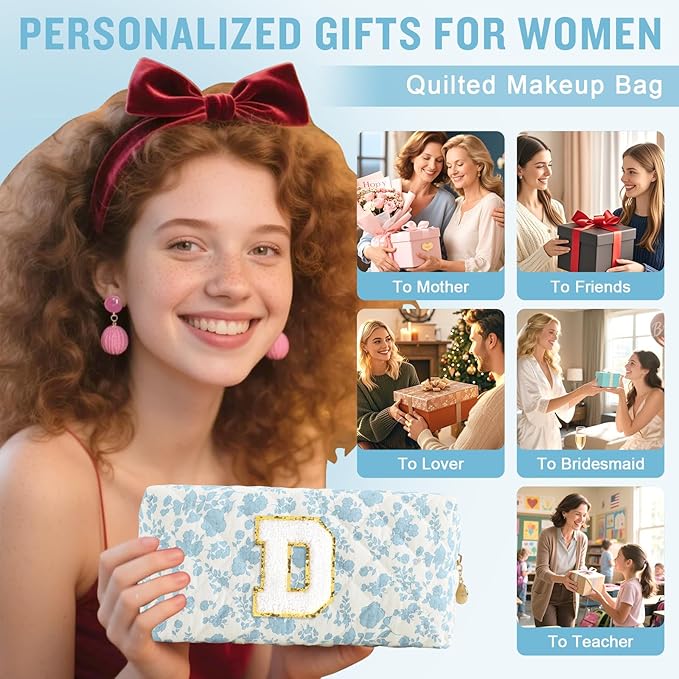 Personalized Quilted Cosmetic Bag, Puffy Monogrammed Christmas Birthday Gifts for Women & Girls, Cute initial Floral Makeup Bag Puffer Coquette Bag, Aesthetic Travel Toiletry Zipper Pouch(Blue,D)