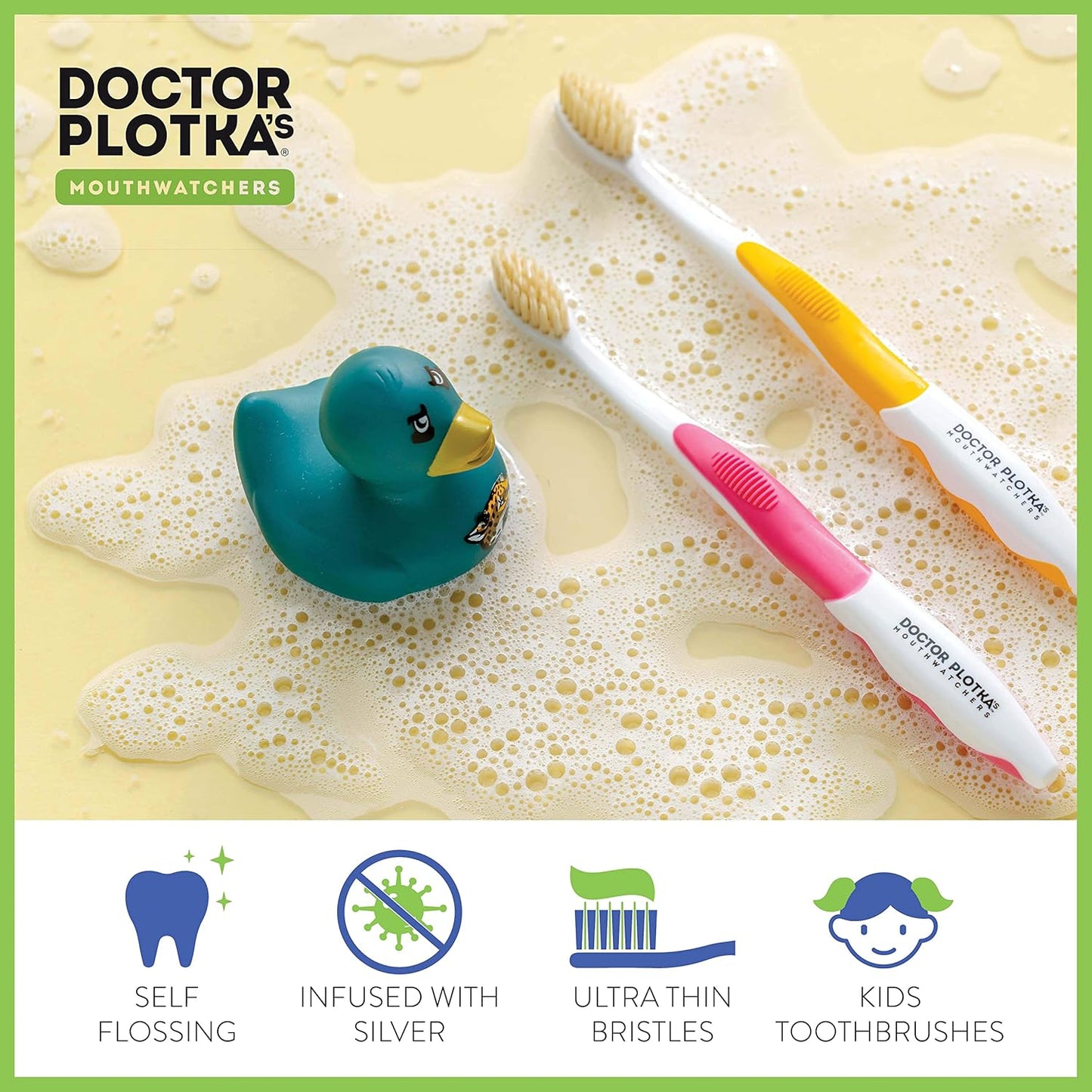 MOUTHWATCHERS Soft Childrens Flossing Manual Toothbrush, Value Pack of 4, Yellow and Pink, Toothbrushes for Kids & Teens, Ultra Clean, by Dr. Plotka's