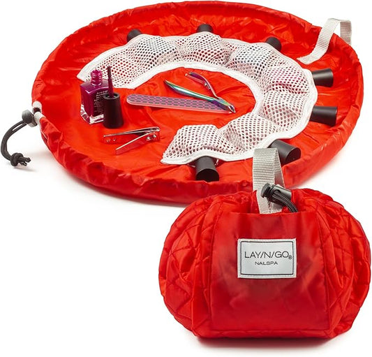 Lay-n-Go NailSpa Drawstring Cosmetic Bag - Portable Nail Supplies Organizer Bag w/ 8 Elastic Mesh Pockets & Circular Center - Durable, Machine Washable Nail Kit Organizer (18", Red)