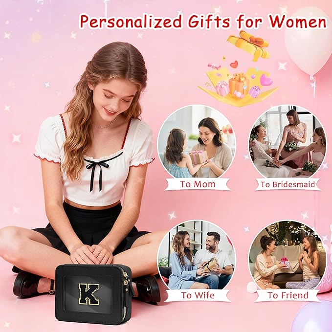 Initial Travel Toiletry Bag - Cosmetic Bags for Girls with Zipper, Clear & Potable Makeup Bag for Travel, Cosmetic Pouch Perfect Gifts for Graduation (Black, K)