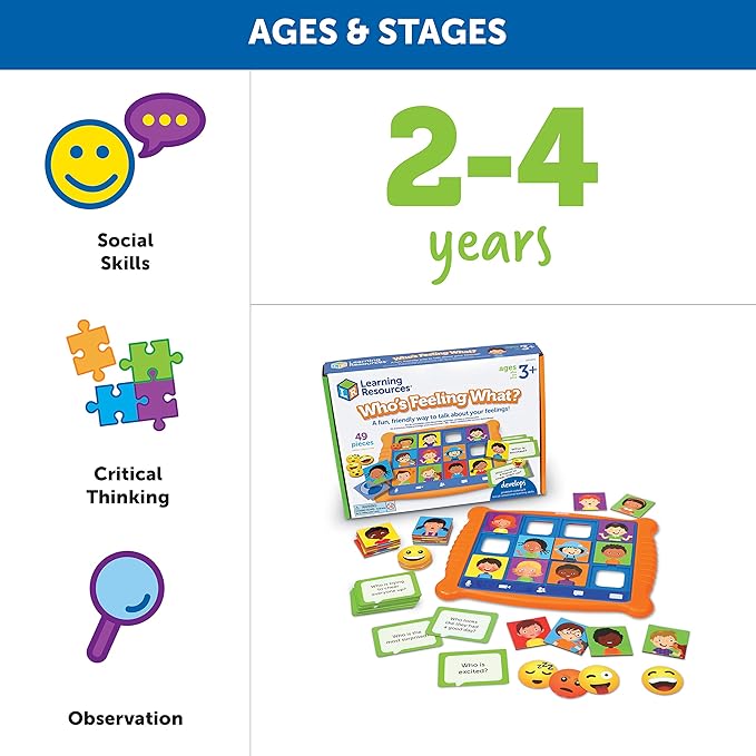 Learning Resources Who's Feeling What?,Social Emotional Learning Games, Communication Games for Kids, Emotion Toys, Feeling Toys for Kids, 49 Pieces, Age 3+