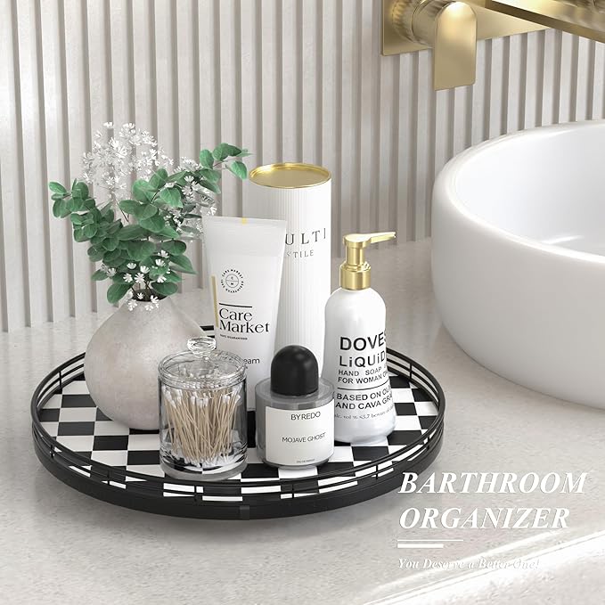 Black and White Kitchen Lazy Susan Turntable – Checkered Round Decorative Tray, 13” Table Top Oak Wood Lazy Susan for Cookies, Dining Table Organizer, Small Kitchen Table Centerpiece