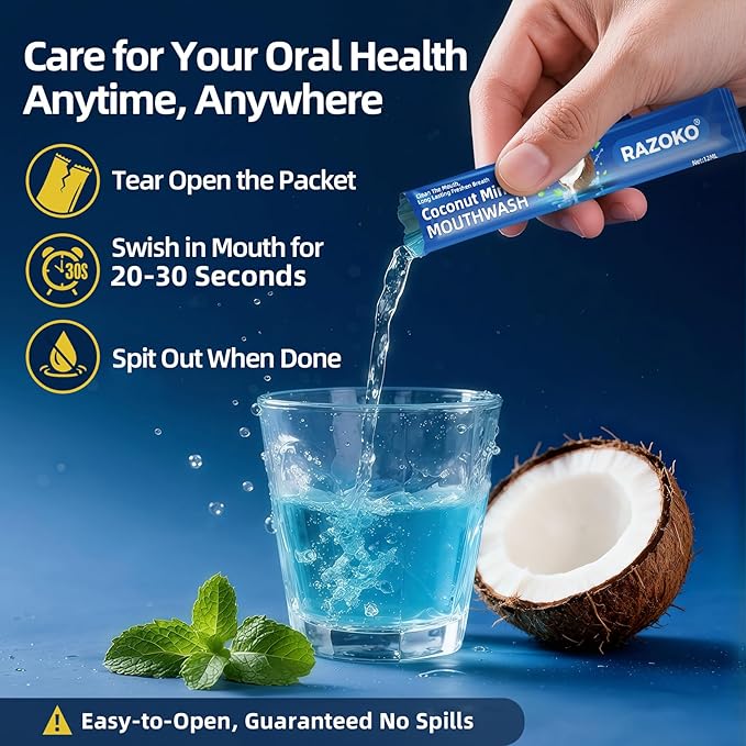 RAZOKO Mouthwash Travel Size-Portable Fresh Mint Packets,Alcohol & Fluoride Free Mouthwash,Disposable Oral Care Strips (0.41 Fl Oz (Pack of 30), Coconut)