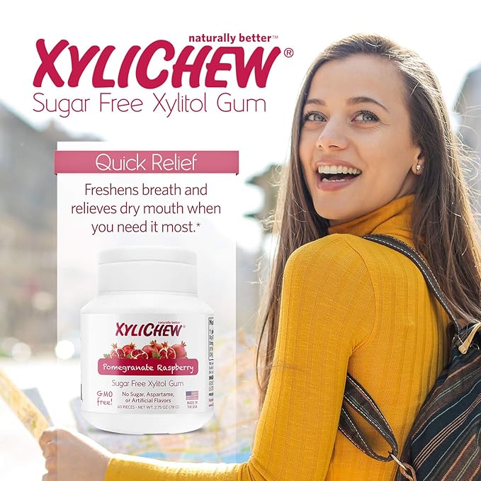 Xylichew 100% Xylitol Chewing Gum - Non GMO, Non Aspartame, Gluten Free, and Sugar Free Gum - Natural Oral Care, Relieves Bad Breath and Dry Mouth - Pomegranate Raspberry, 240 Count