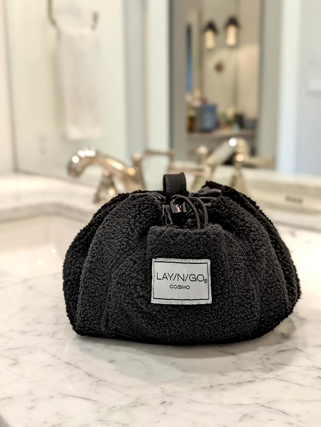 Lay-n-Go Cosmo Drawstring Cosmetic & Makeup Bag Organizer - Portable Drawstring Makeup Bag w/Zipper Pocket, Makeup Loops & More - Durable, Machine Washable Toiletry Bag (20", Comfort/Black Sherpa)