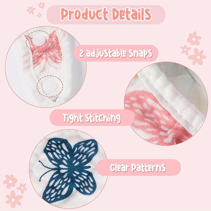 Zainpe 6Pcs Snap Muslin Cotton Baby Bibs Spring Butterflies Flowers Bib with 6 Absorbent Soft Layers Adjustable Burp Cloths for Infant Girl Boy Toddler Drooling Eating Teething Feeding 0 to 24 Months