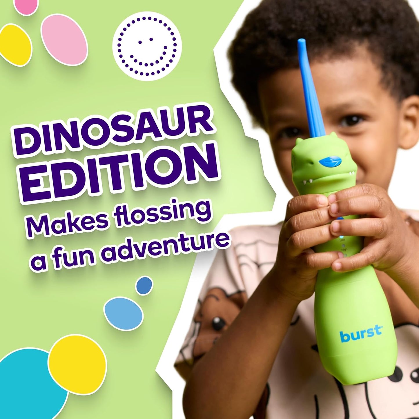 BURST Kids Water Flosser (Dinosaur) | Cordless & Rechargeable Water Flosser for Teeth | 3 Gentle Pressure Modes | Silicone Safety Tip | Braces-Friendly | Fun, Kid-Safe Design | 155mL Water Tank