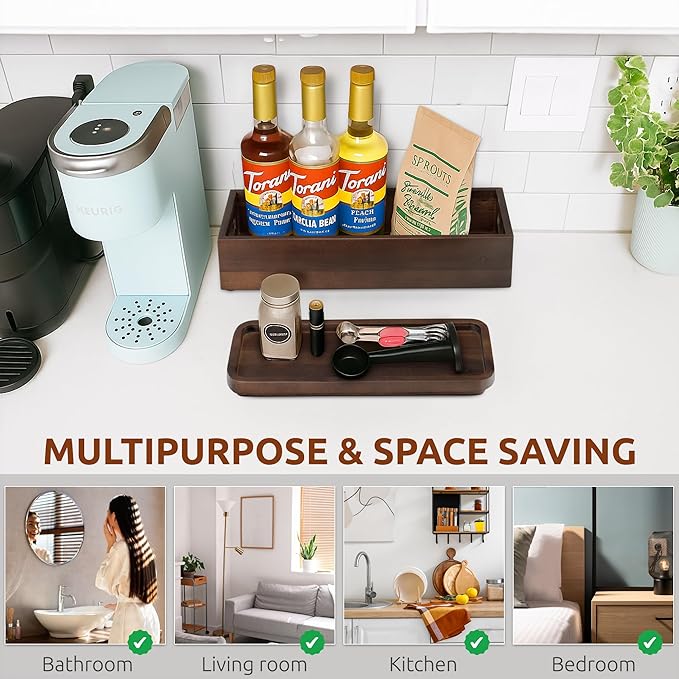 Handmade Toilet Tank Basket Topper & Vanity Tray Set of Natural Acacia Wood by DEMIGO, Created by Skilled Artisans, Smooth, Durable, Attractive Decor for Bathroom, Kitchen, Home, Spa (Dark Brown)