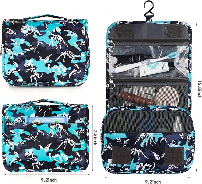 Kids Hanging Toiletry Bag for Boys, Travel Toiletry Bag for Little Young Boys Waterproof Wash Bag Toddler Traveling Toiletries, Dinosaur Black