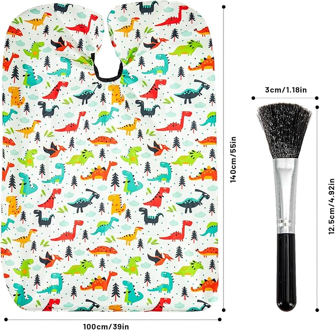 Gealaek Kids Haircut Cape and Neck Duster Brush Set with Dinosaur Pattern Kids Barber Cape 55x40 Inches for Boys & Girls Salon Cape Kit (White)