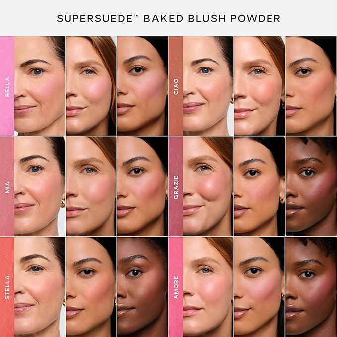 Saie SuperSuede Baked Blush - Talc-Free Powder Blush for Cheeks Infused with Hyaluronic Acid, Glycerin + Squalane - Hydrating Face Makeup for a Natural, Diffused Flush of Color - Bella (0.1 Ounce)