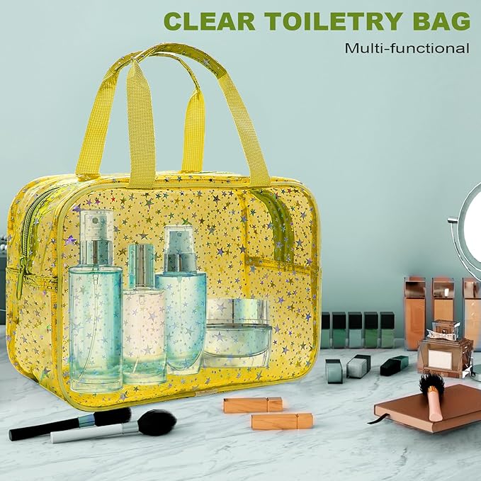 Clear Yellow Star Large Makeup Bag with Star Pattern 12x5x8 inch, Travel Cosmetic Bag with Handle, Durable PVC Material Washbag Zipper Opening Design for Makeup Travel Organizer or Gym Use