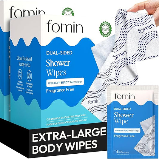 FOMIN Travel Shower Wipes - 20 Pack - No Rinse XL Bathing Wipes with Vitamin E - Fragrance-Free Full Body Wipe for Adults - Individually Wrapped Waterless Bath Wipe for Hygiene, Camping, & Gym