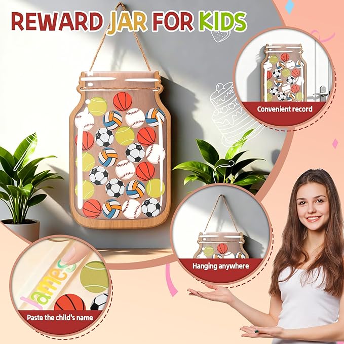 Ball Games Reward Jars for Kids-Magnetic Reward System with Colorful Letter Stickers,Behavior Classroom Incentive Jar for Teachers Parents (Mason Jar with Stars, Kids Motivational Tool)