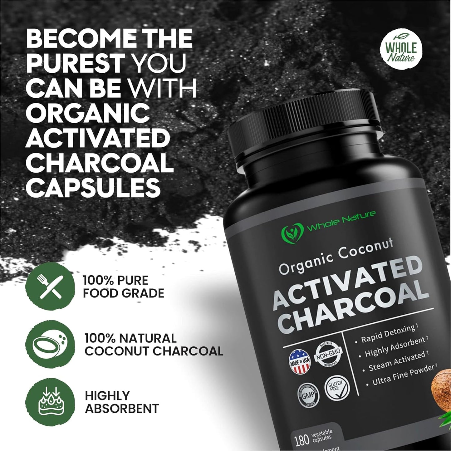 Coconut Activated Charcoal Capsules, 180 Charcoal Capsules, Teeth Whitening, Helps Constipation, Bloating, Stomach Gas, Heartburn, Pure Coconut Derived Supplement (3)