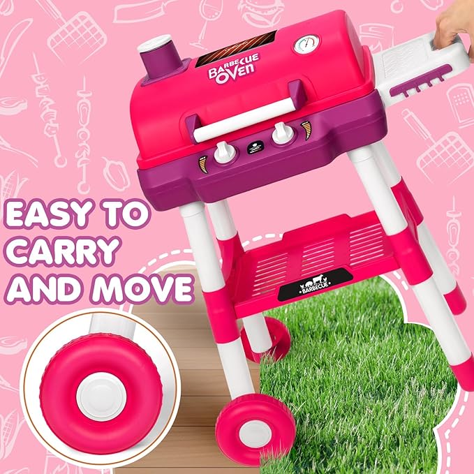 Kids Play Kitchen Toys, Kids BBQ Grill Playset with Smoke Sound Light, 2-Layer Barbecue Toy with Wheels, Outdoor Play Food Toys Cooking Set for Toddler 3-5, Birthday for Boy Girl (Pink)