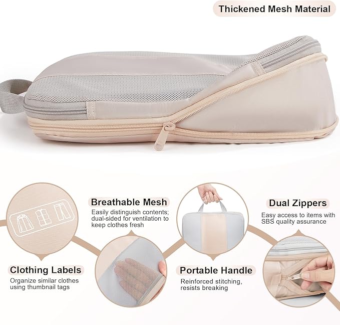 2 Set Compression Packing Cubes for Travel Essentials,Compressible Expandable Packing Cubes for Suitcase,OlarHike Luggage Organizer Bags for Travel,Handy Helper for Organizing Clothes(Beige)