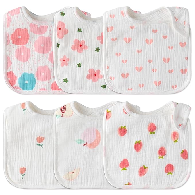 Zainpe 6Pcs Snap Muslin Cotton Baby Bibs Flowers Strawberry Patterns Infants Drooling Bib Soft Absorbent Adjustable Feeding Burp Cloths for Newborns Boy Girl Toddlers Teething Eating 0 to 36 Months