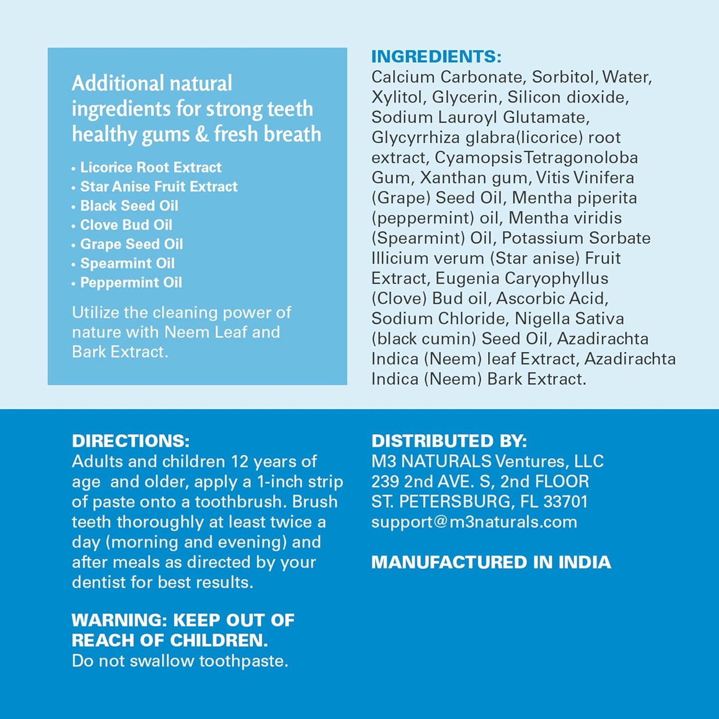 Fluoride-Free Neem Toothpaste with Mint for Adults & Kids with Sensitivity | Vegan, Gluten & SLS Free Herbal Formula for Sensitive Teeth, Healthy Gums and Fresh Breath, 4.23 oz (120g) Pack of 3 by M3