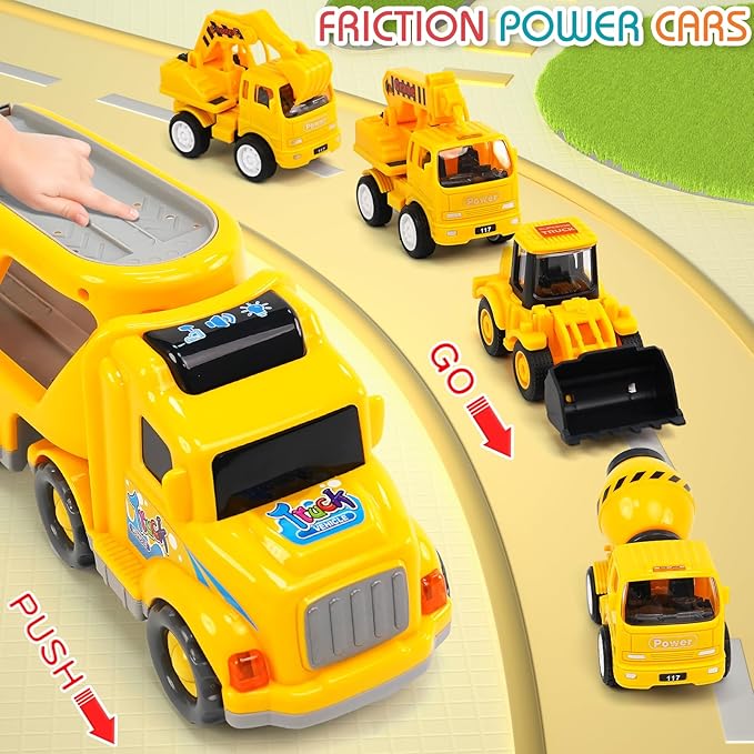 Veslier 9 in 1 Construction Truck Toys for Ages 3 4 5 6 Years Old,Vehicles with Sounds and Lights in Carrier Truck, Push and Go Toys Trucks,Birthday Gift for Toddler 3 4 5 6 Year Old.