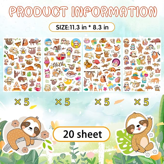 Cute Sloth Stickers Wild Jungle Forest Animal Decal Sticker 770 Counts Party Gifts Goodie Bags Decor Rewards Wild Life Birthday Party Favors Waterproof Water Bottle Laptop Invitation Stickers Decor