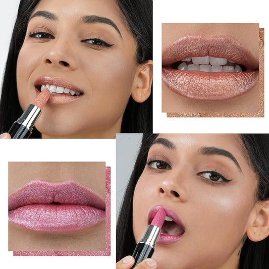 Anglicolor 2pcs Metallic Glitter Nude and Pink Lipstick High Impact Lipcolor,Moisturizing Creamy Formula,Lipstick For Women,Smooth and Non-Sticky,Full-Coverage Lip Color