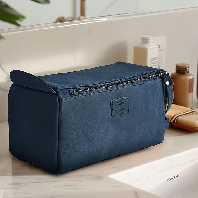 LEATHER VILLAGE Premium Leather Travel Toiletry Bag - Unisex Water-Resistant Travel Bag for Toiletries, Shaving & Cosmetic Organizer for Men & Women - Compact Bathroom Essentials - Royal Blue
