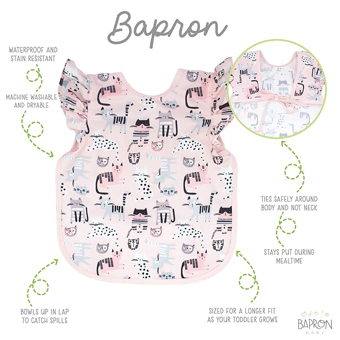 BapronBaby Kitty Bapron - No Neck Tie Safer Bib for Baby & Toddler - Soft Waterproof Stain Resistant - Machine Washable - Sz Preschool 3-5yrs