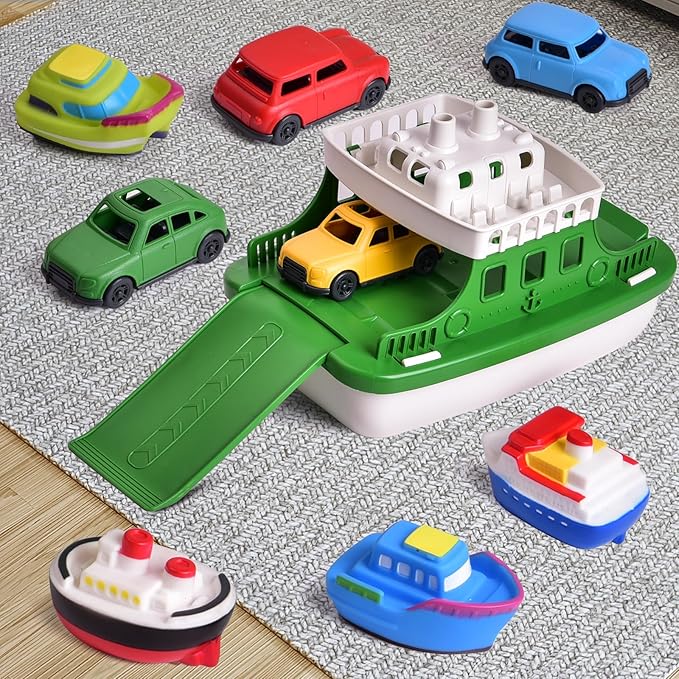 Toy Boat Bath Toys for Toddlers with 4 Mini Car Toys and 4 Bath Boat Squirters, Kids Ferry Boat for Bathtub Bathroom Pool Beach Toys