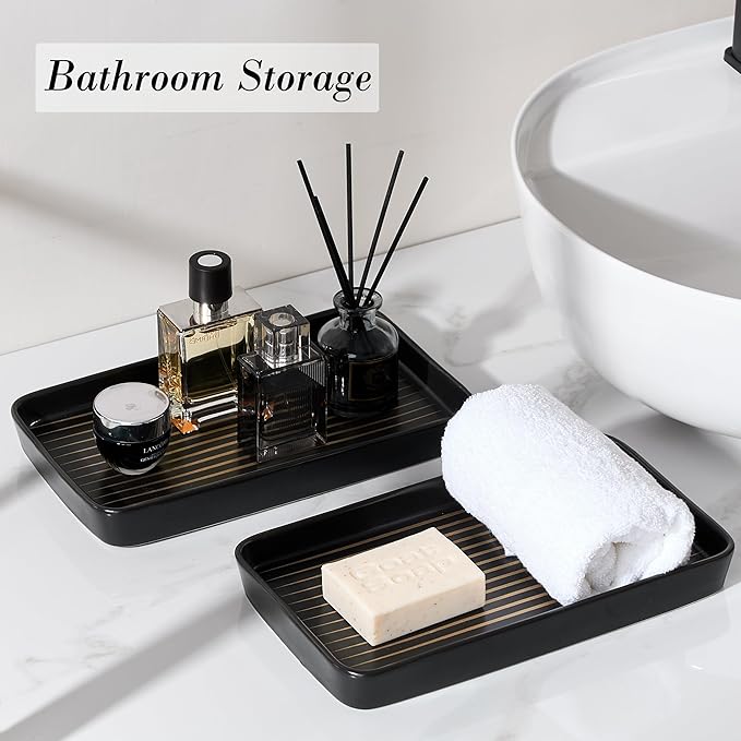 Bathroom Vanity Tray for Countertop,2PC Rectangle Striped Tray,Decorative Bathroom Organizer for Scrubber, Lotion Bottles, Perfume, Jewelry, Candle, Key Trinket Ring(Large,Black)
