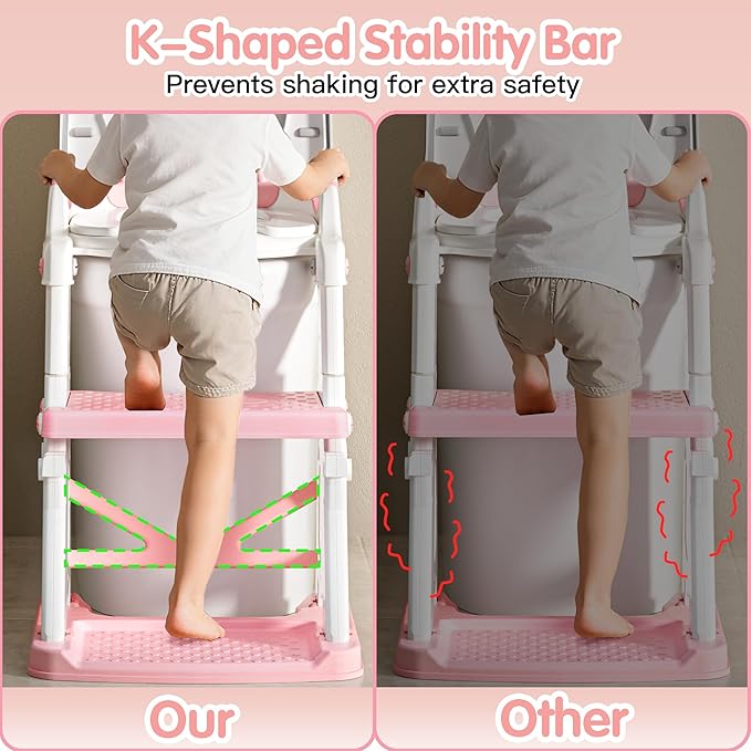 Potty Training Seat, 2 in 1 Potty Training Toilet with Step Stool for Boys Girls, Toddler Toilet Seat with Stabilizer Bar, Anti-Slip Pads and Splash Guard, Pink