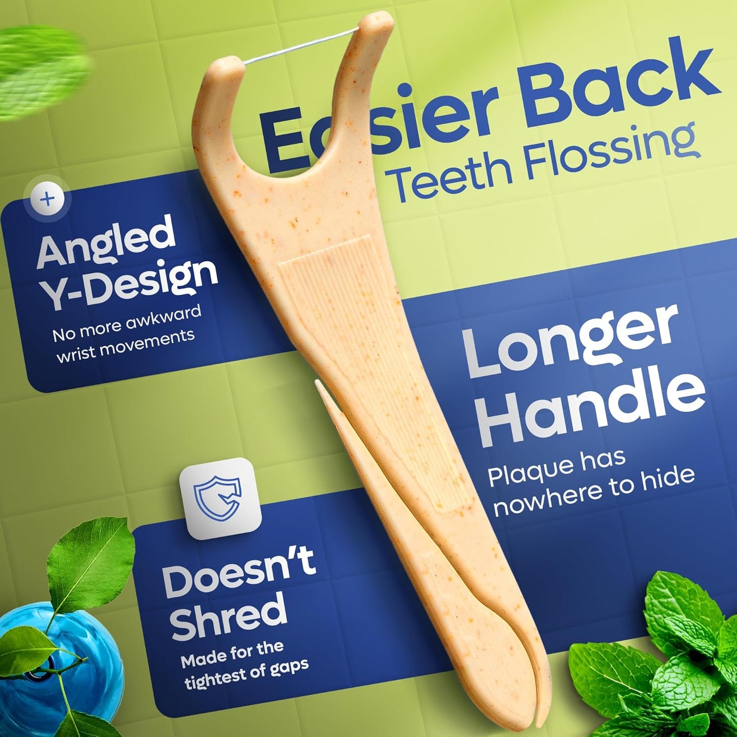 SmartLifeco Eco-Friendly Angled Dental Floss Picks (200ct) - Made with Straw Wheat Blend, Superior Anti-Shred Thread for Molars & Back Teeth, Tooth Pick Stick for Adults, Soft on Gums, Vegan, Mint