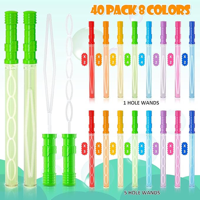 Inscraft 40 Pack 14’’ Big Bubble Wands, 8 Colors Mix Bulk for Summer Toy, Outdoor/Indoor Activity Use, Easter, Birthday, Graduation, Shower, Bubbles Party Favors Supplies for Kids
