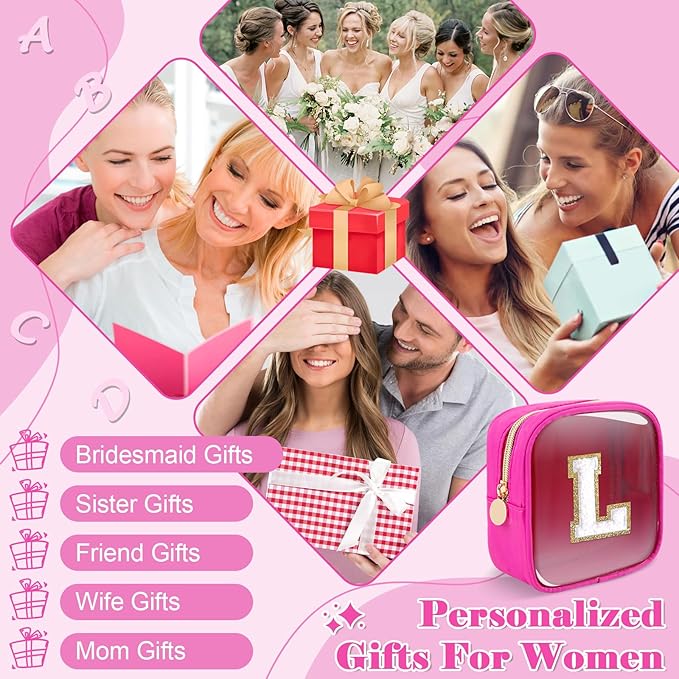 Personalized Initial Letter Clear Preppy Makeup Bag,Mini Nylon Chenille Letter Cosmetic Bag Cute Zipper Pouch Coin Purse for Teen Girls,Portable TSA Approved Travel Essentials Bag Gift for Women,L