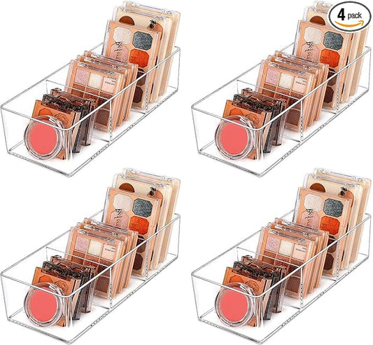 JessLab Acrylic Organizers, Bathroom Organizer for Drawer, 4-Pack Cosmetic Display Cases for Vanity, Countertop, Desk, Kitchen, and Makeup Storage, 3 Compartment