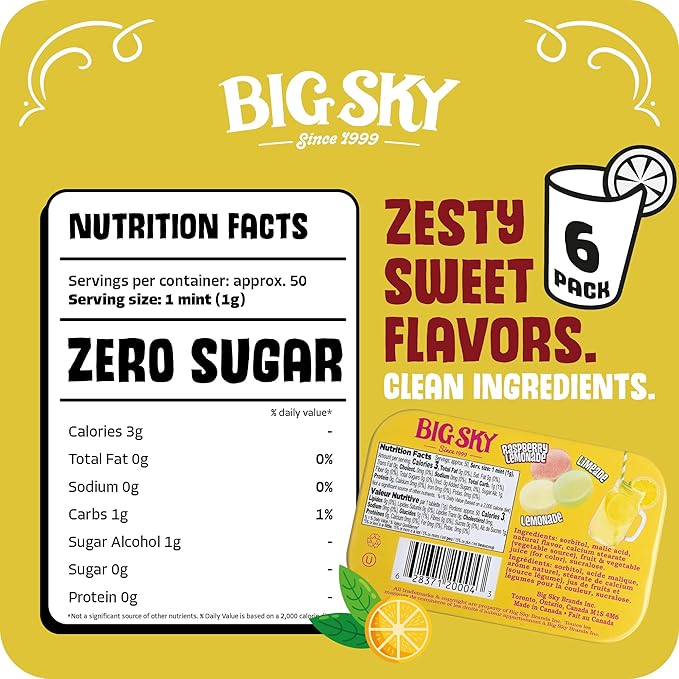 Big Sky Sugar Free Lemonade Stand Mints - 50 Count Tin (Pack of 6) | Kosher Certified, Vegan Candy | Aspartame & Gluten Free | Lemon Mint Flavored Sugar Free Mints for Travel, Sharing & Fresh Breath