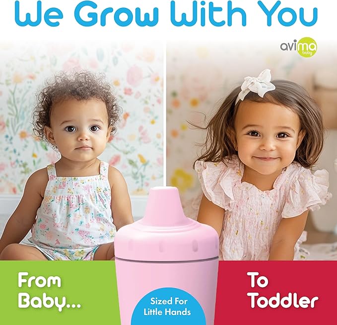 Avima Spill Proof Sippy Cups for Toddlers 1-3 Years - Bite Resistant & BPA Free Training Toddler Cups for Boys & Girls, 10 Oz, 4 Pack Set - Pinks, Red & Purple