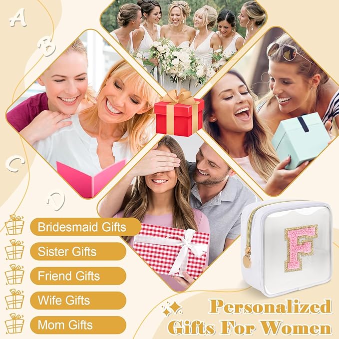 Personalized Initial Letter Clear Preppy Makeup Bag,Mini Nylon Chenille Letter Cosmetic Bag Cute Zipper Pouch Purse for Teen Girls,Portable TSA Approved Beach Travel Essentials Bag Gift for Women,F