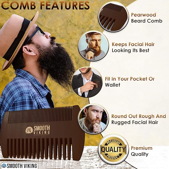 Smooth Viking Beard Brush & Comb Gift Set for Men - Natural Boar Bristle Hair Brush & Wooden Comb, Boar Brush for Facial Hair Styling, Grooming & Beard Shaping Tool, Men Hair Products - Brown