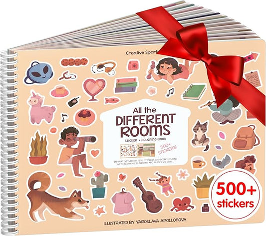 Fashion Sticker Book Activity for Kids, All The Different Rooms by Cupkin, Toddler Airplane Travel Essentials, 500+ Stickers for Kids 12 Scenes + Coloring Book Pages, Child's Gift, Crafts Ages 2-8